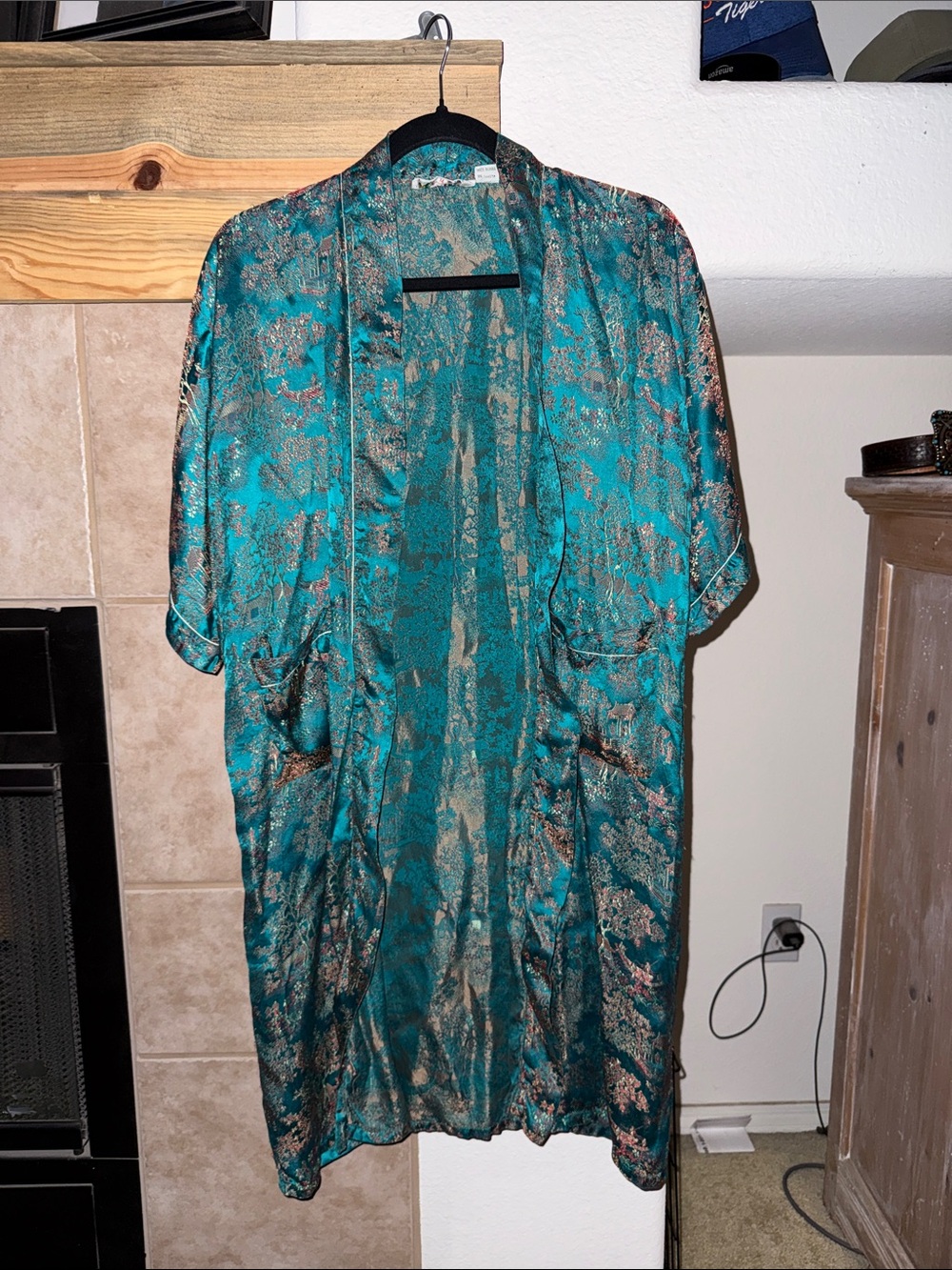Vintage Teal Satin Kimono Robe with Metallic Pattern